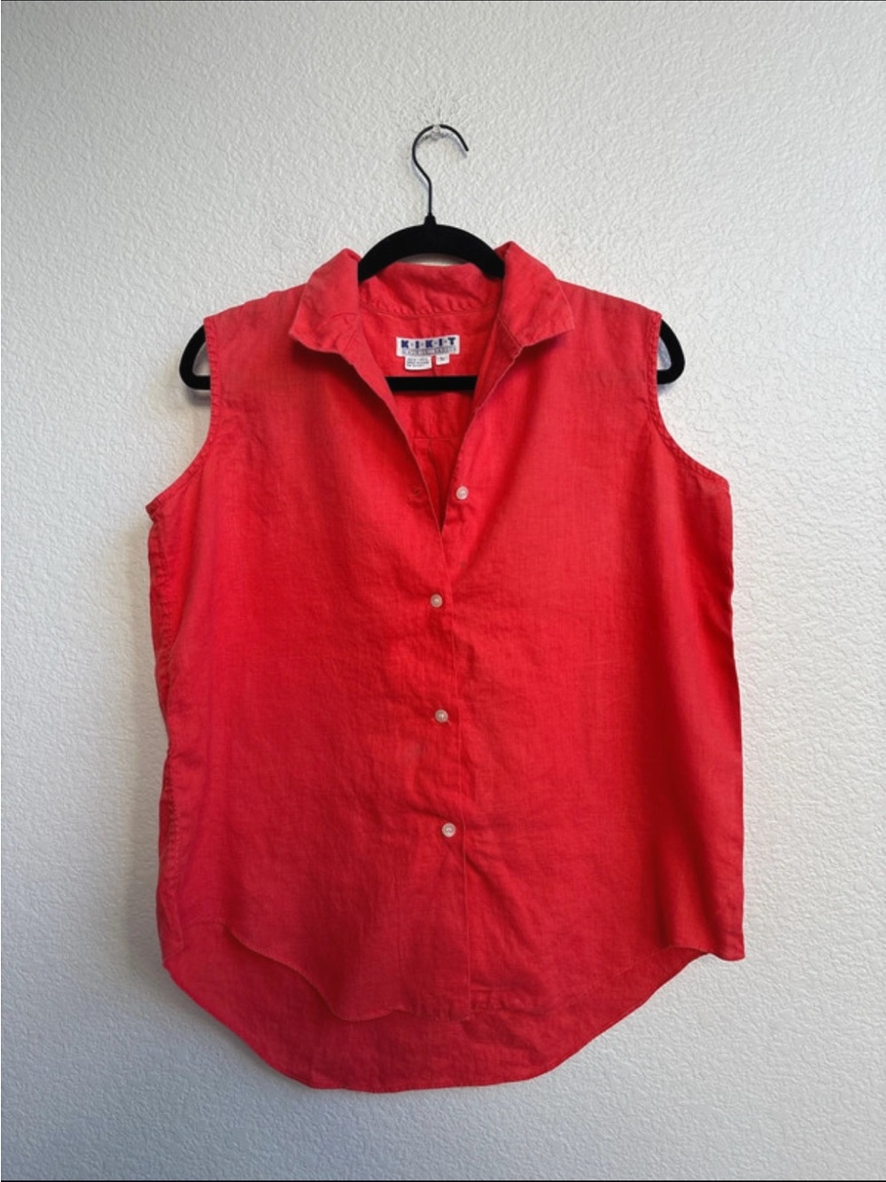 Kikit Maurice Sasson 100% Linen Sleeveless Button Front Blouse Top Coral Red L